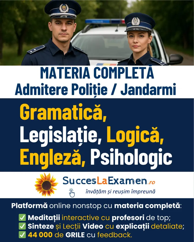 Materie Completă Admitere MAI Poliție Frontieră Jandarmi: Gramatică Română, Engleză, Legislație MAI, Logică, Educație Civică, Psihologic, Grile explicate și lecții video detaliate.