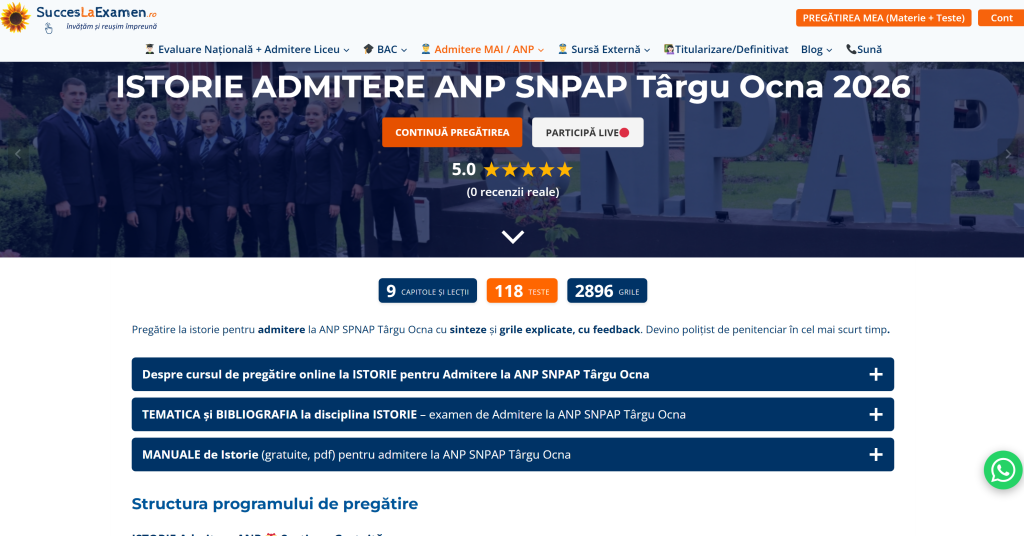 Pregătire la Istorie pentru admitere la   Școala ANP SNPAP Târgu Ocna